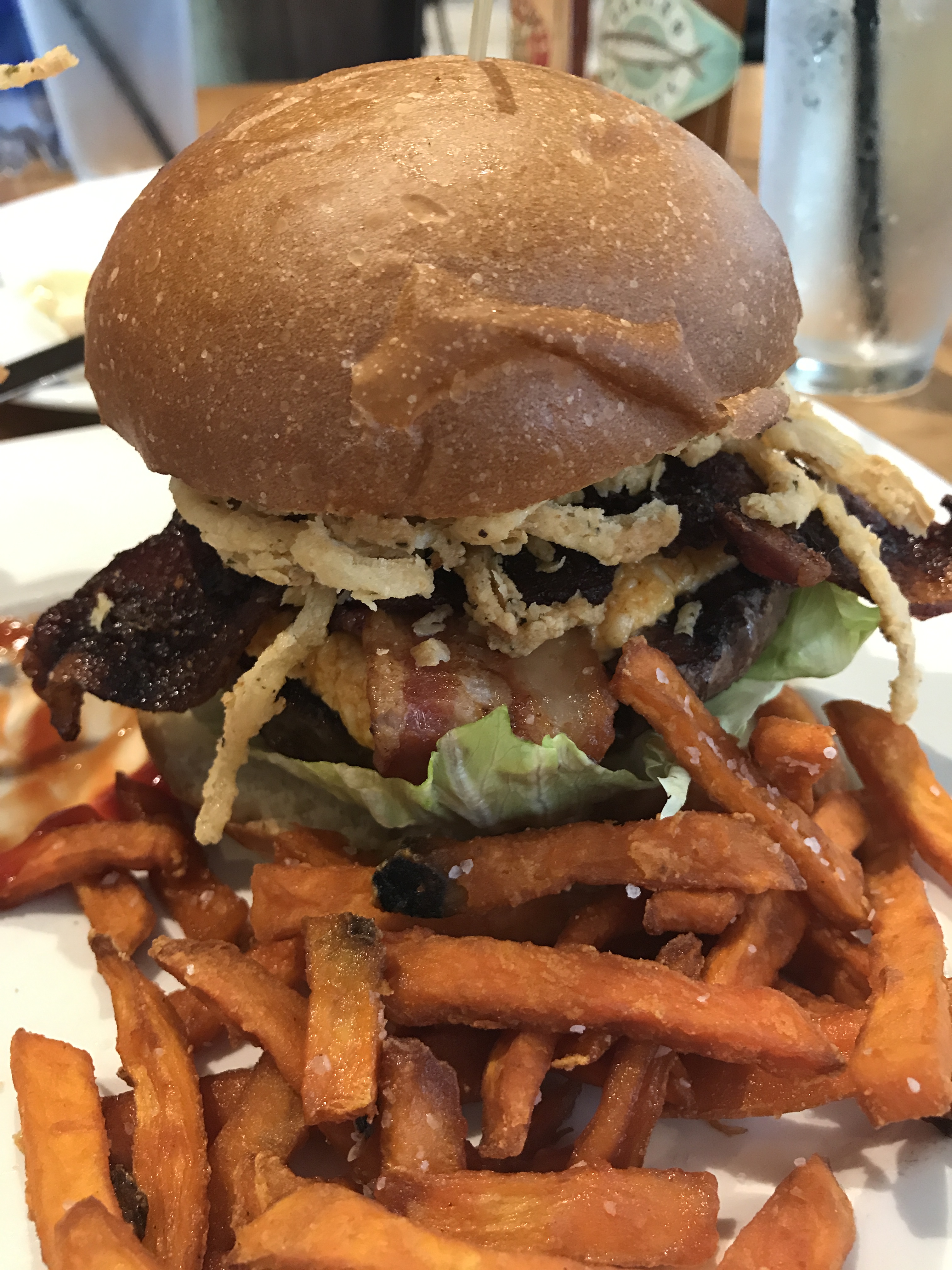 Bacon Burger with sweet potato fries